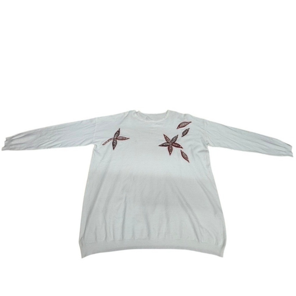 Unknown Brand White Beaded Floral Felted Knit Sweater Long Sleeve RN 161125 READ